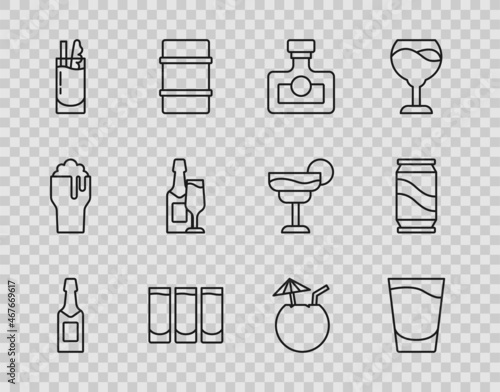 Set line Champagne bottle, Shot glass, Alcohol drink Rum, Cocktail Bloody Mary, and, Coconut cocktail and Beer can icon. Vector