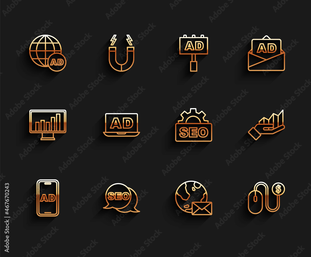 Set line Advertising, SEO optimization, Earth globe with mail, Pie chart infographic and icon. Vector Set line Advertising, SEO optimization, Earth globe with mail, Pie chart infographic and icon. Vector