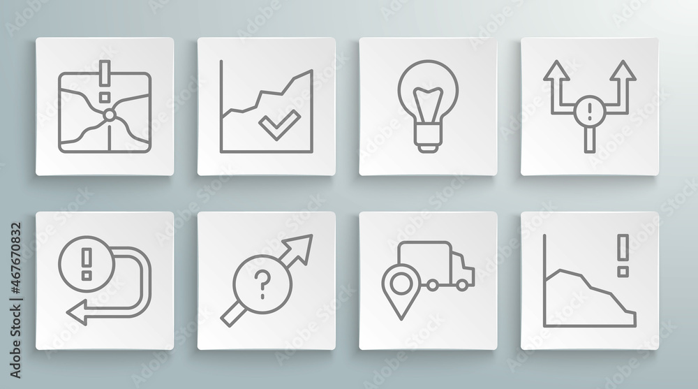 Set line Arrow, Financial growth increase, Delivery tracking, decrease, Light bulb, and Intersection point icon. Vector Set line Arrow, Financial growth increase, Delivery tracking, decrease, Light bulb, and Intersection point icon. Vector