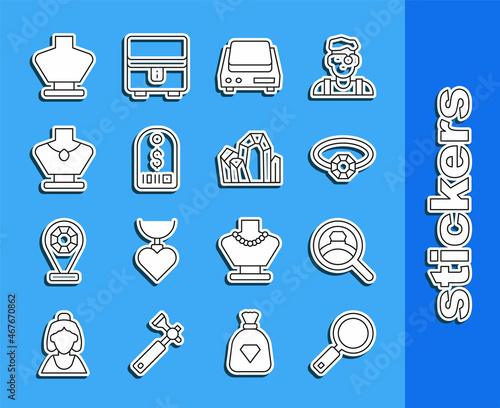 Set line Magnifying glass, Diamond engagement ring, Electronic jewelry scales, Price tag with dollar, Necklace mannequin, and Gem stone icon. Vector