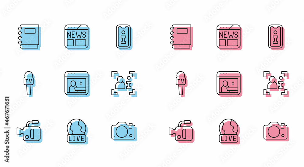 Set line Cinema camera, Live report, Notebook, Photo, Information, Television, Microphone and News icon. Vector Set line Cinema camera, Live report, Notebook, Photo, Information, Television, Microphone and News icon. Vector