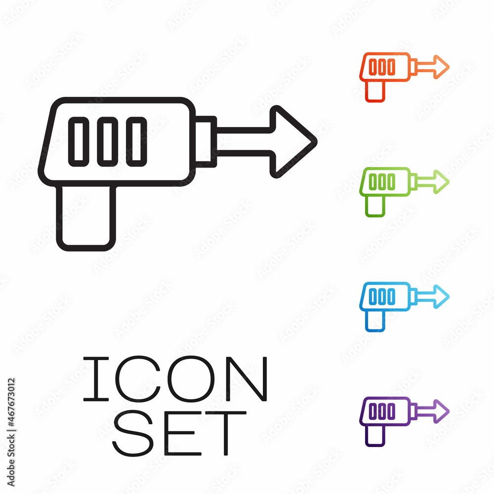 Black line Fishing harpoon icon isolated on white background. Fishery manufacturers for catching fish under water. Diving underwater equipment. Set icons colorful. Vector Black line Fishing harpoon icon isolated on white background. Fishery manufacturers for catching fish under water. Diving underwater equipment. Set icons colorful. Vector