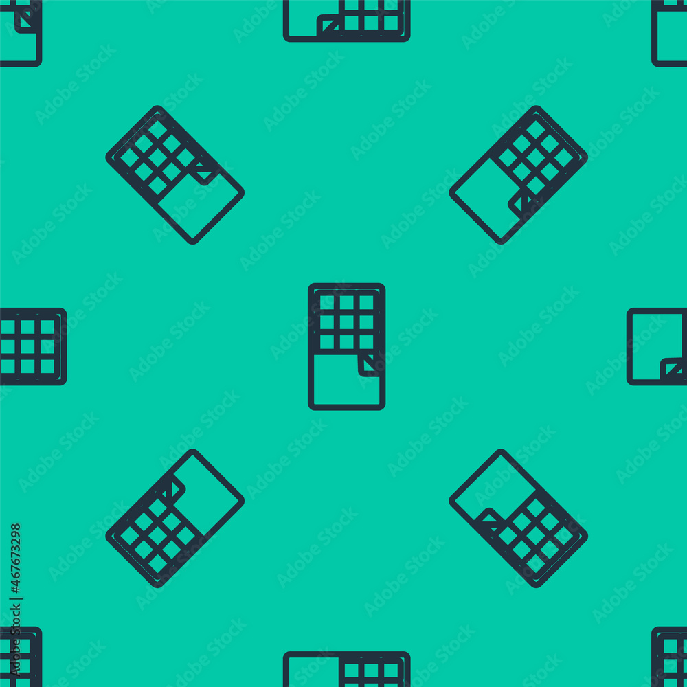 Blue line Chocolate bar icon isolated seamless pattern on green background. Vector Blue line Chocolate bar icon isolated seamless pattern on green background. Vector