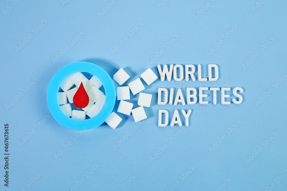 World diabetes day awareness. Blue circle with blood drop and sugar cubes. World diabetes day awareness. Blue circle with blood drop and sugar cubes.