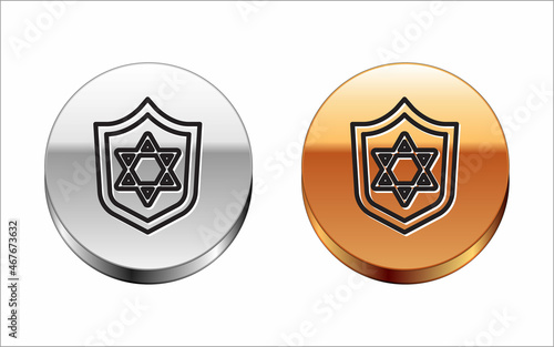 Black line Shield with Star of David icon isolated on white background. Jewish religion symbol. Symbol of Israel. Silver-gold circle button. Vector