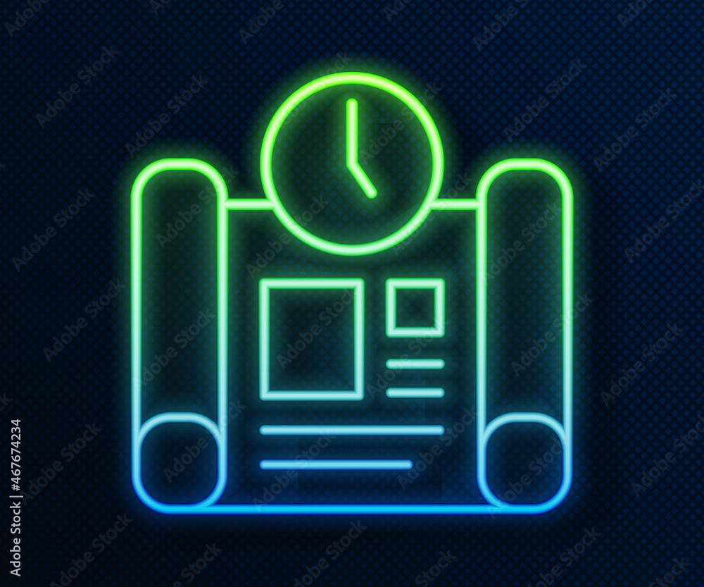 Glowing neon line Business project time plan icon isolated on blue background. Vector Glowing neon line Business project time plan icon isolated on blue background. Vector