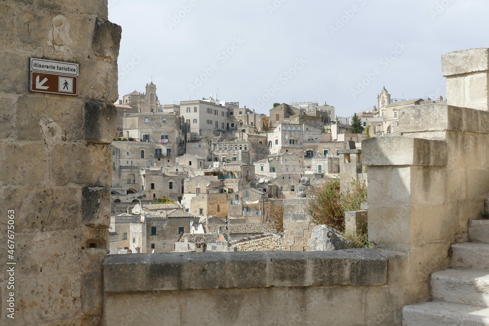Typical stepped street between the historical buildings to Santa Maria di idris rupestrian church in Sasso Caveoso of Matera