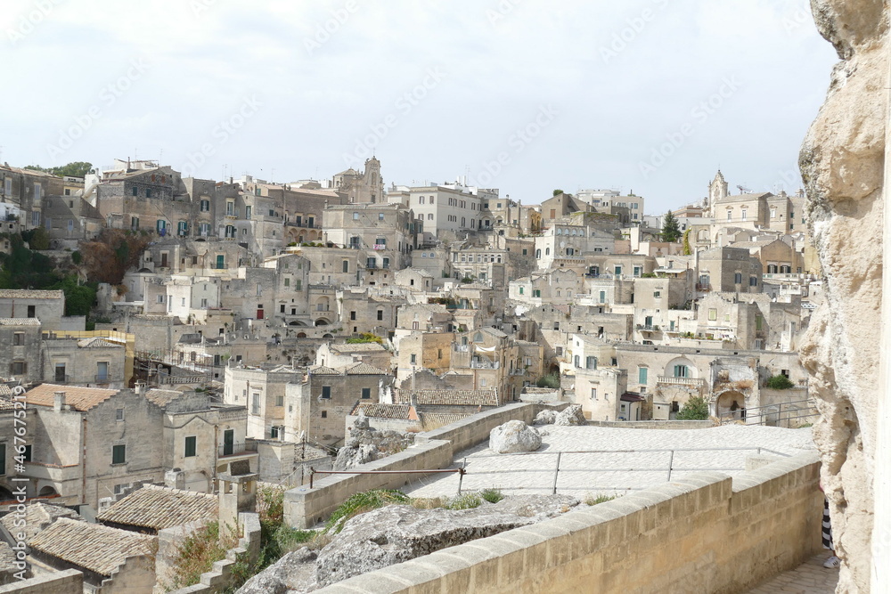 Panorama of Matera from Santa Maria di Idris viewpoint on Sasso Barisano, Civita and on the canyon carved by the Gravina River