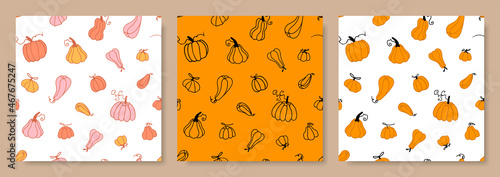 Pumpkins seamless pattern. Set of three seamless patterns. Seamless background of pumpkins. Hand drawn pattern for thanksgiving, harvest and halloween. Concept autumn harvest.texture for fabric, wrap.