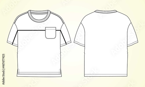 Short Sleeve with pocket Basic T-shirt overall technical fashion flat sketch vector Illustration template front and back views. Basic apparel Design Mock up for Kids and boys 