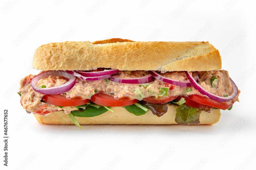Sandwich with beef stroganoff in sauce, onions, tomatoes and herbs. Isolated on white background. Fast food for take and go cafe Sandwich with beef stroganoff in sauce, onions, tomatoes and herbs. Isolated on white background. Fast food for take and go cafe