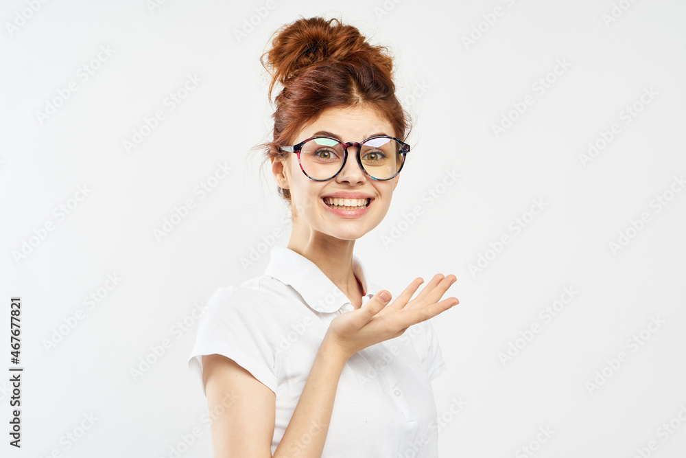 women in white shirt glasses posing color background women in white shirt glasses posing color background