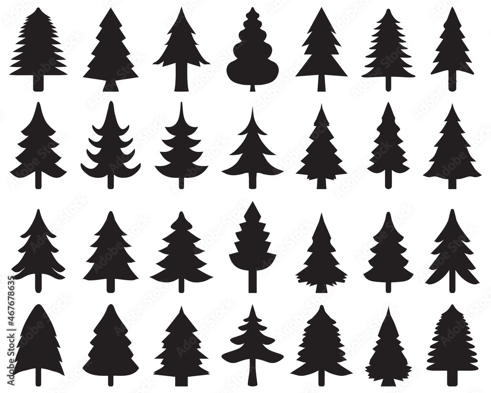 Obraz premium Christmas tree icons, black silhouettes on a white background