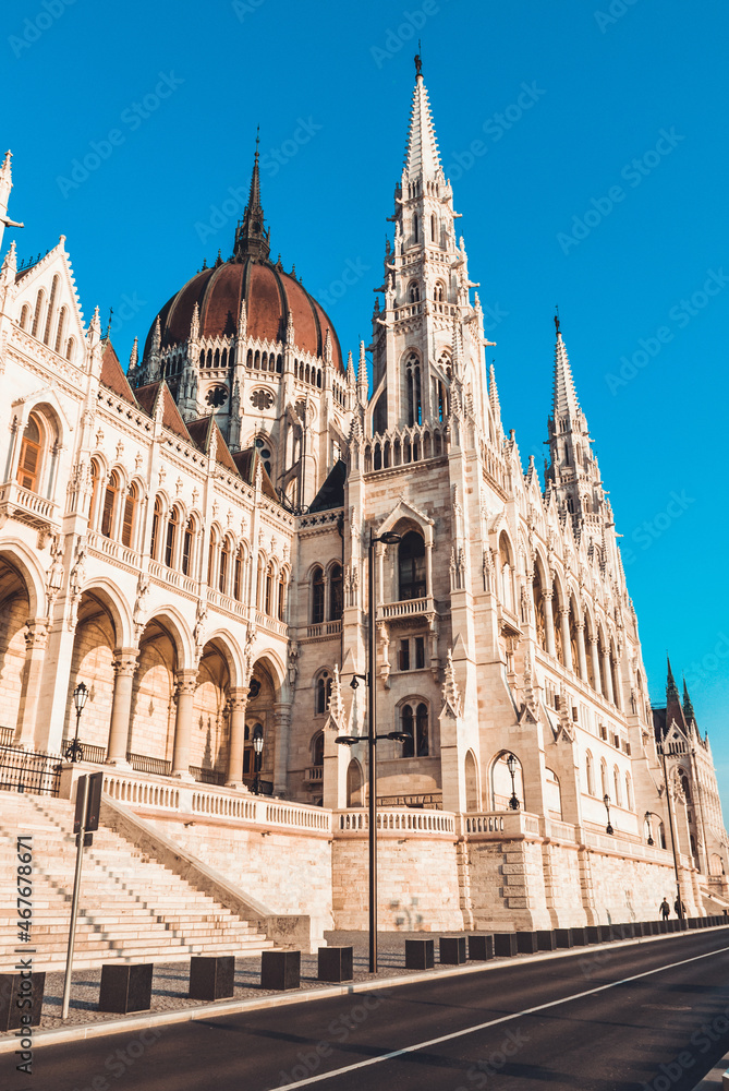 Hungarian Parliament building in Budapest at the daylight. 
Gothic architecture exterior. Tourist destination. 