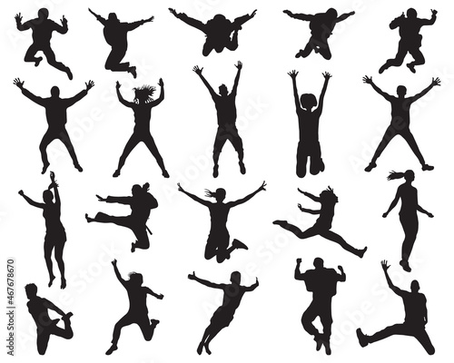 Black silhouettes of jumping people, on a white background 