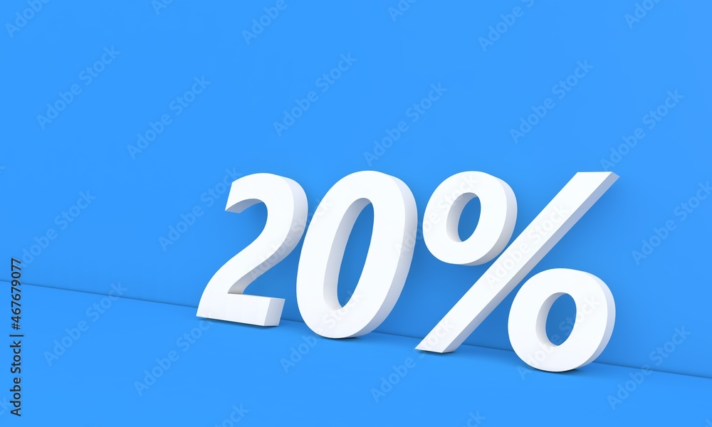 Discount 20 percent off on sale. White numbers on a blue background. 3d render illustration. Discount 20 percent off on sale. White numbers on a blue background. 3d render illustration.