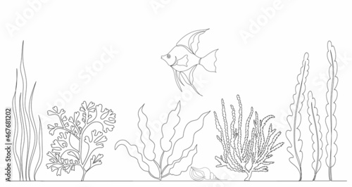fish and algae one line drawing isolated, vector