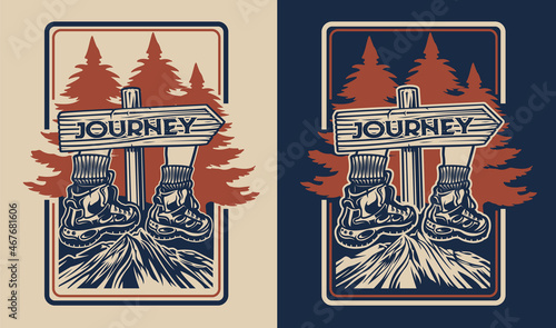 Vector illustration with a road sign on the theme of hiking. Perfect for shirt design and logos, many other
