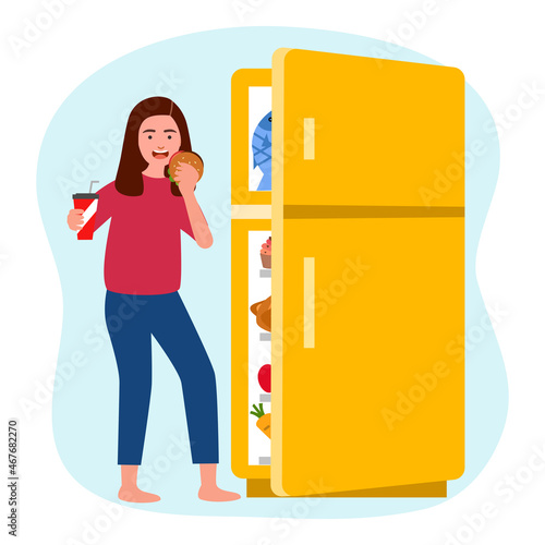 Hungry woman eating hamburger and soda drink near refrigerator in flat design on white background. Female steal eating food in fridge.