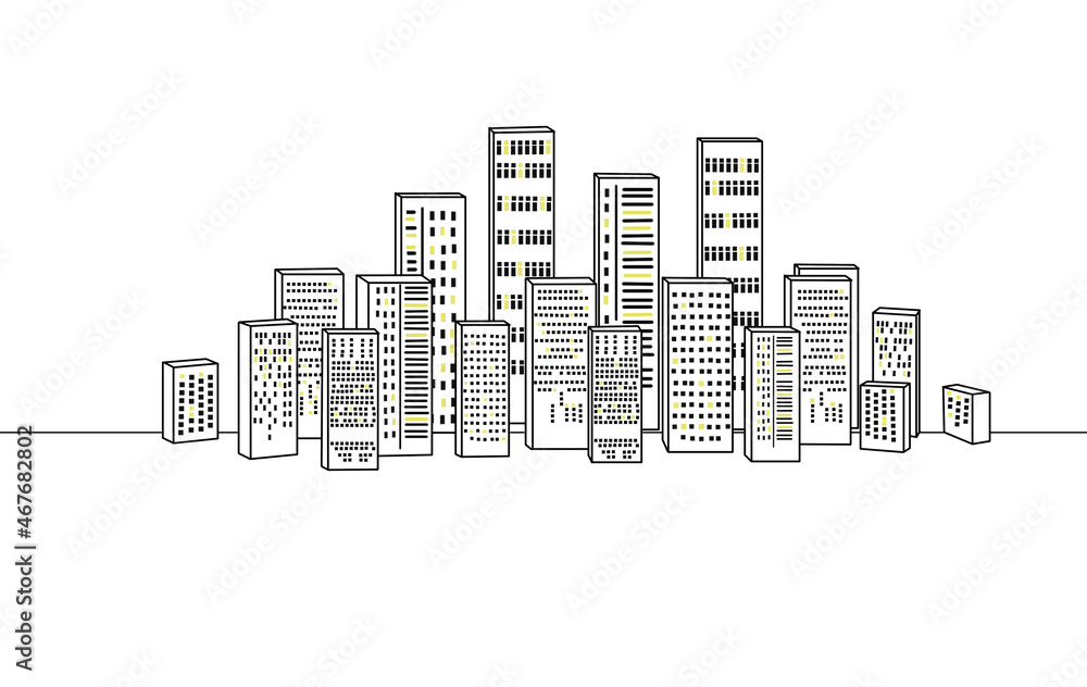 Fototapeta premium Graphic black and white urban landscape. Illustration of a residential quarter of a megalopolis