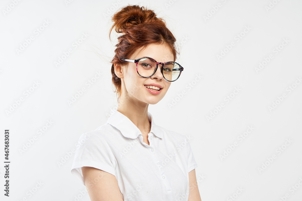 women in white shirt glasses posing color background women in white shirt glasses posing color background