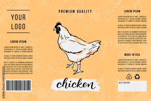 Chicken meat packaging design. Vector poultry meat label. Lettering and hand drawn chicken silhouette