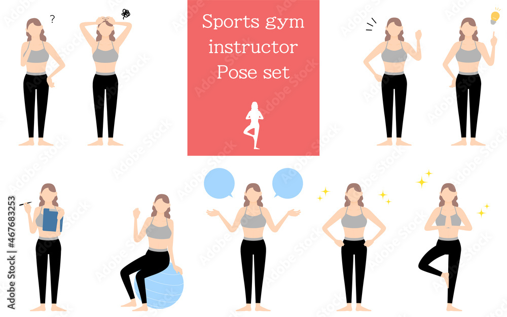 スポーツジムインストラクター女性のポーズセット 疑問 悩む 励ます 指さしetc Stock Vector Adobe Stock