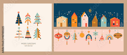 Christmas greeting cards.Horizontal banners with hand drawn isolated houses and christmas balls, christmas trees with toys in Scandinavian style. Xmas decor elements. Template for design,print.Vector