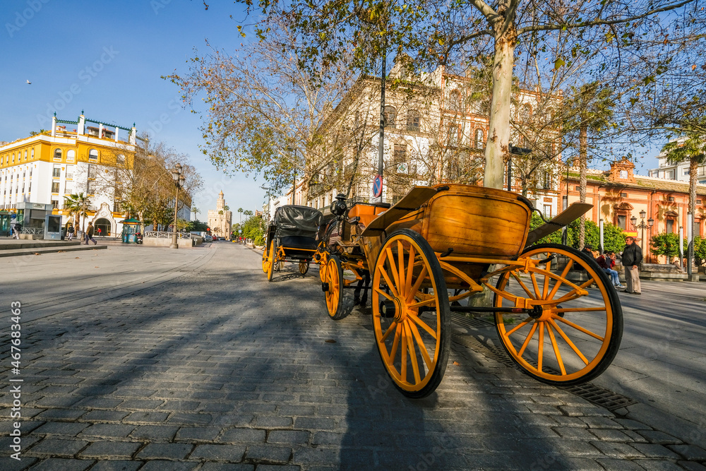 Fototapeta premium coche de caballos en puerta de jerez, sevilla