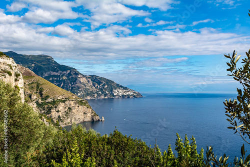 Panoramic view of the famous Amalfi Coast with the Gulf of Salerno in the Region Campania, Italy