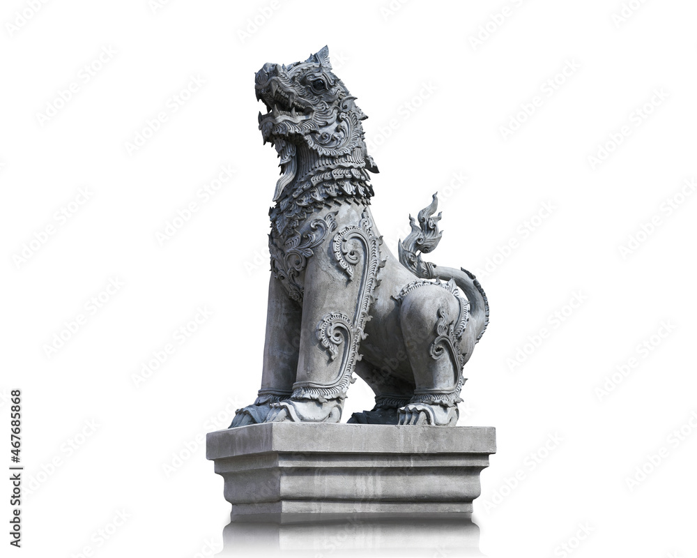 Lion statue in temple of Thailand.Isolated on white background. This has clipping path.                