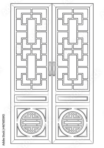 Drawing of classic chinese door - black and white illustration