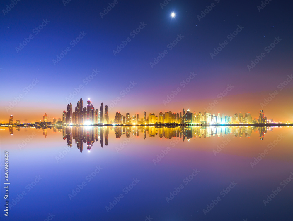 Dubai marina panorama reflected in the water