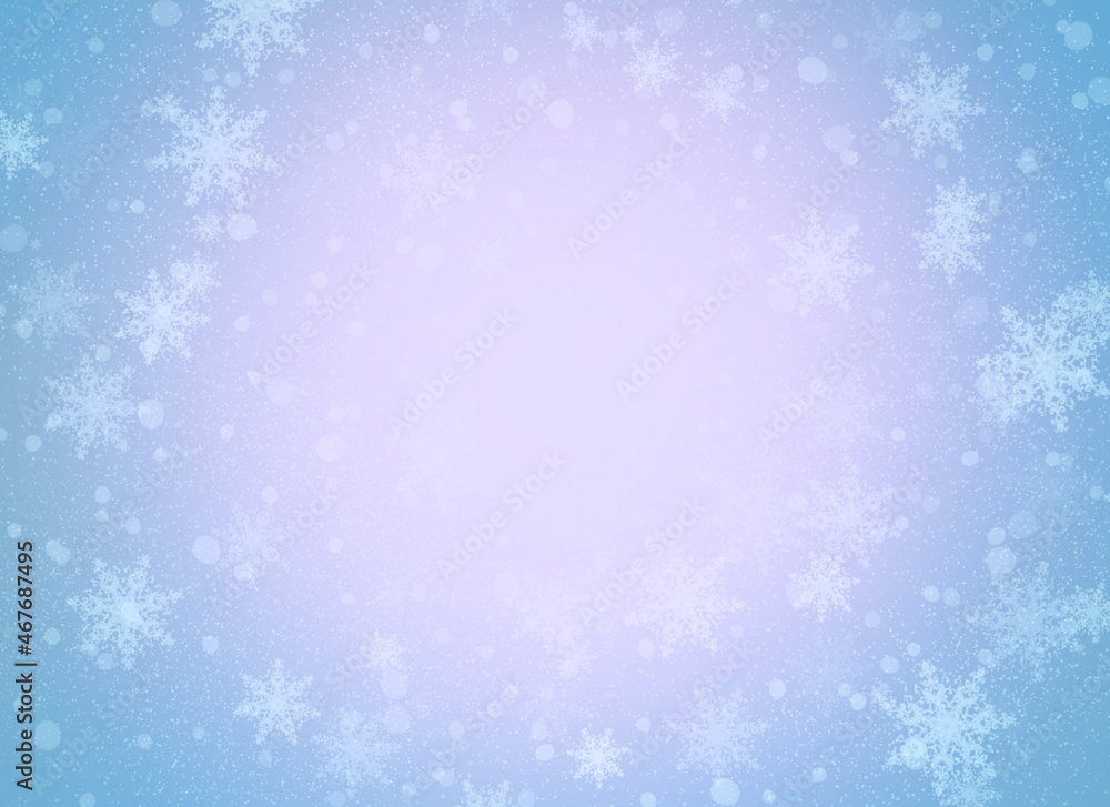 Fototapeta premium cute blue purple pink christmas card with copy space and snowfall frame