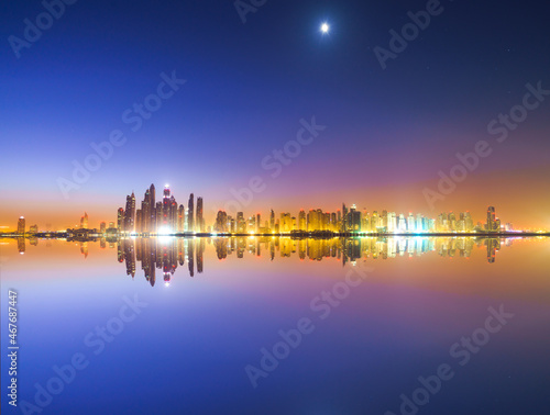 Dubai marina panorama reflected in the water