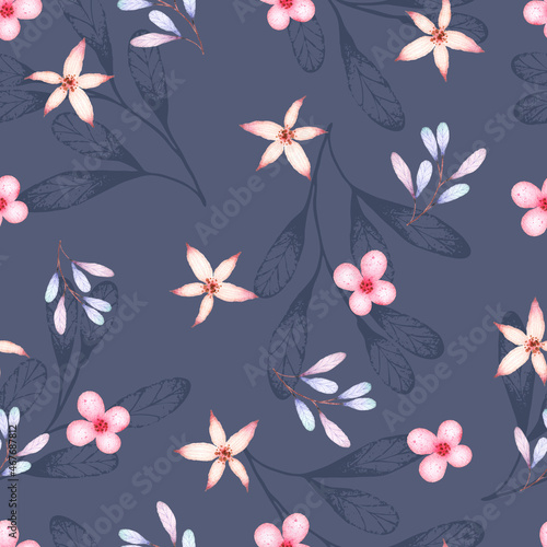 Soft Flowers on Blue background Watercolor Seamless Pattern