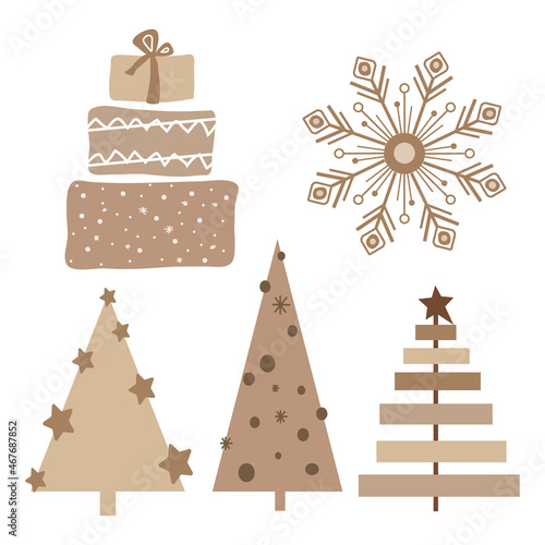 Rustic Christmas tree, gift box and snowflake set. Modern boho winter vector illustration. Neutral beige alternative trees art.