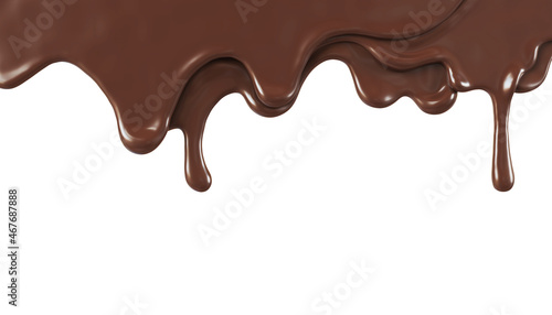 Foto Melted brown chocolate dripping on white background
