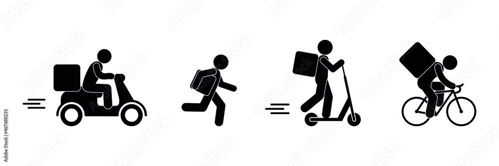 delivery of goods, courier service icons, man carries a parcel, fast food delivery