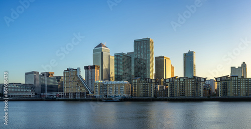 Panorama of Canary Wharf business district at dawn in London. England © Pawel Pajor