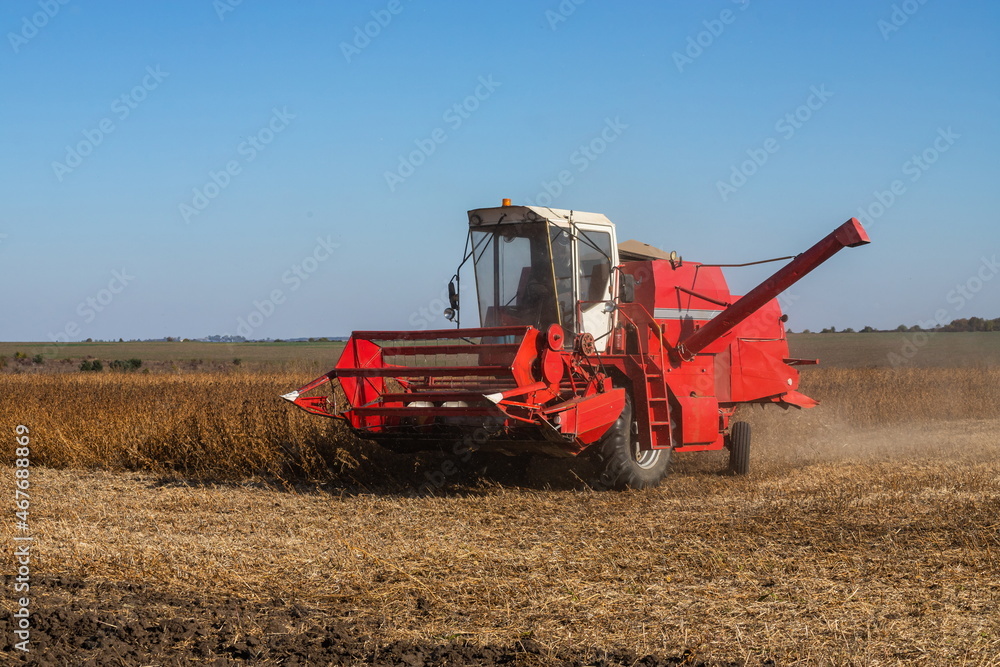 Red combine harvesting a crop of soybeans Red combine harvesting a crop of soybeans