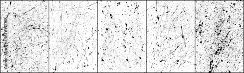 Set of black blobs isolated on white. Ink splash. Brushes droplets. Grainy texture background. Digitally generated image. Vector illustration, EPS 10.