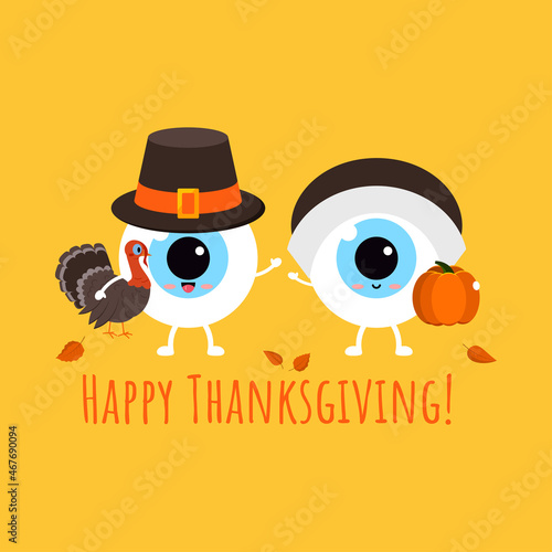 Thanksgiving eyes boy and girl in pilgrim hat with pumpkin and turkey in hand. Cute eyeball in carnival costume - ophthalmology character for card. Flat design cartoon style vector illustration