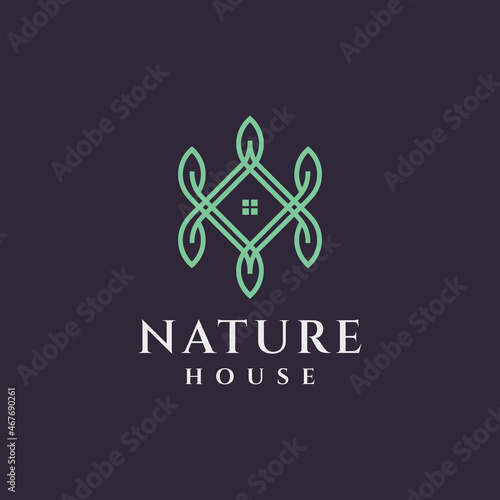 Nature House logo design. This logo is made using house and leaf elements with natural nuances in a simple and modern style. 