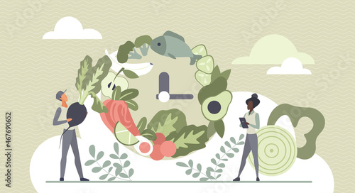 Meal schedule for balanced diet vector illustration. Cartoon tiny people holding vegetables and mobile phone watch on clock full of healthy ingredients. Daily eating schedule for body health concept