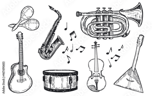 Musical instruments hand drawn illustration.