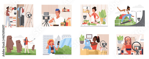 People blogger streaming, online blog in social media vector illustration set. Cartoon young characters recording digital fashion beauty content on camera, cooking, travel vlog isolated on white
