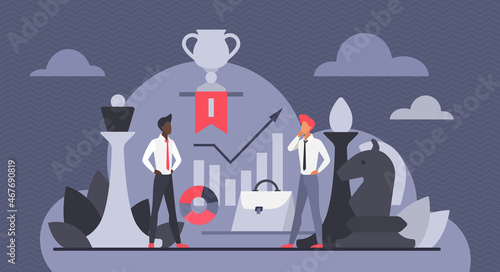 Competition between two business people to win business cup award vector illustration. Cartoon employees play chess, businessman thinking about strategy. Leadership, financial management concept