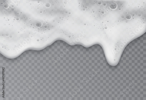 Foam with soap or beer bubbles, top view vector illustration. 3d realistic border texture of summer ocean water foamy wave on beach, shower shampoo soapy suds, beer drink on transparent background photo