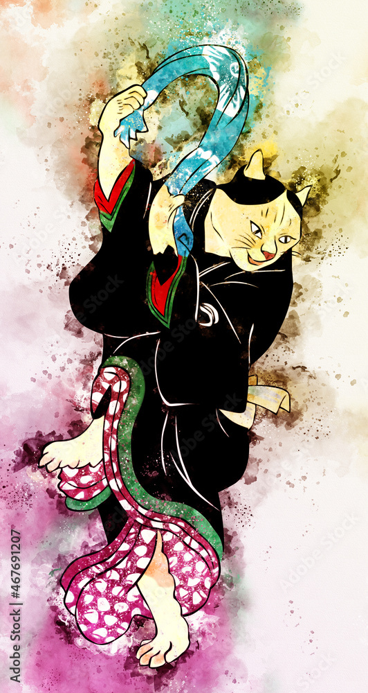 Fototapeta premium 浮世絵 猫 その4 水彩風